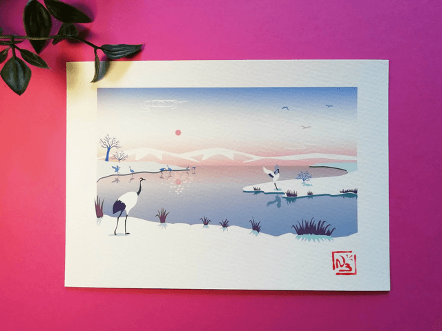 Fine Art A5 et A4 / Hiver - Grues japonaises à Hokkaïdo