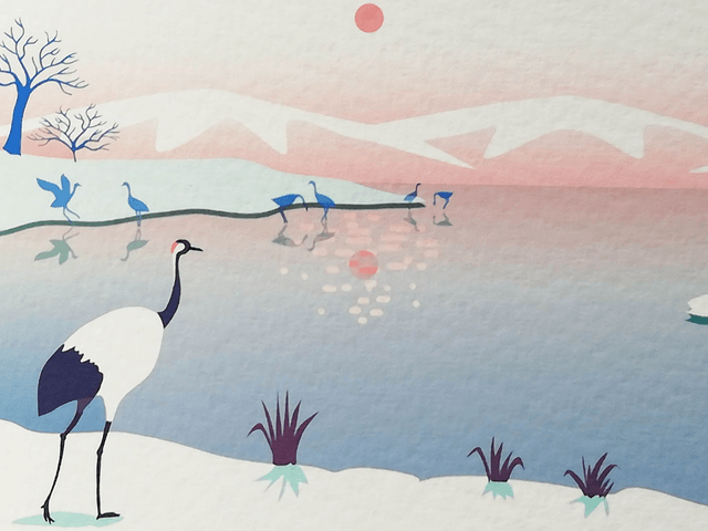 Fine Art A5 et A4 / Hiver - Grues japonaises à Hokkaïdo