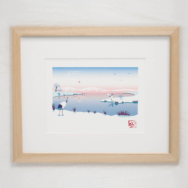 Fine Art A5 et A4 / Hiver - Grues japonaises à Hokkaïdo