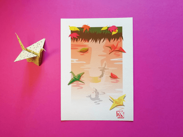 Fine art A5 et A4 / Automne - Origami sur lac 